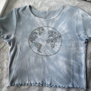 Boho Tie Dye Floral Earth Lettuce Hem Baby Tee Blue White Hippie Girl